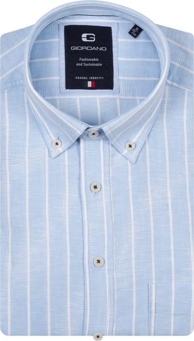 Giordano – Brando – Heren Overhemd – Linnenmix – Button Down – Gestreept Overhemd - Angel Falls - Blauw -– 617103-61