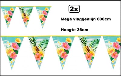 2x Super Vlaggenlijn Tropical/hawai 600cm - vlaggetjes hoogte 36cm -Hawai tropisch beach strand summer aloha hawaii