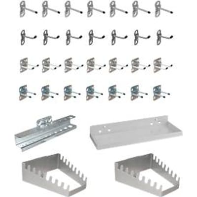 Gereedschaphouderset ADB, 32-delig, voor geperforeerde panelen met vierkante gaten 10 x 10 mm & gatafstand 38 mm, gepoedercoat staal, blank aluminium RAL 9006