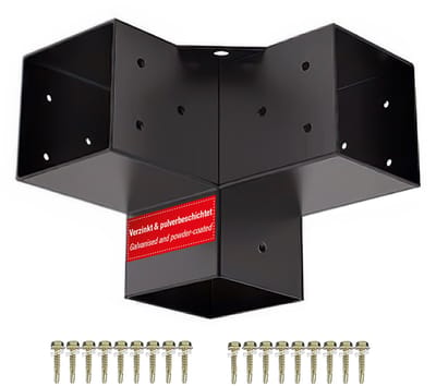 SOTECH hoekverbinder 100 x 100 mm (3-voudig verbindingsstuk) vierkant staal verzinkt en zwart gepoedercoat voor maximale corrosiebescherming, Pergolapaalhoek voor aluminium- en houtconstructies