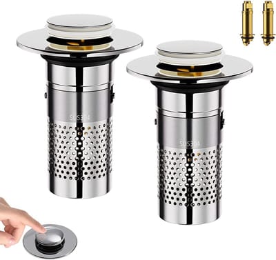 Universele Wastafelstop Pop-up - 2 Stuks - Met Filtermandje - RVS - Voor 28mm tot 60mm Gat