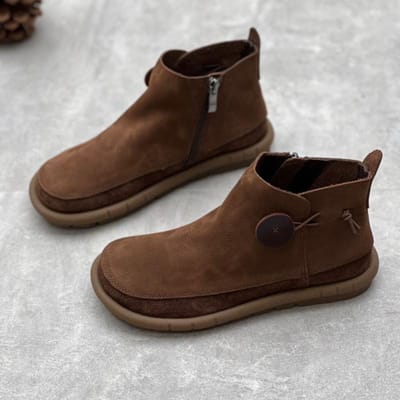 Retro Dames Platte Korte Laarzen Echt Lederen Schoenen Handgemaakt Ronde Neus Enkellaarsjes 37 koffie