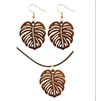 Oorbellen en Ketting Set -Boomblad -Hout bruin -goudkleurig