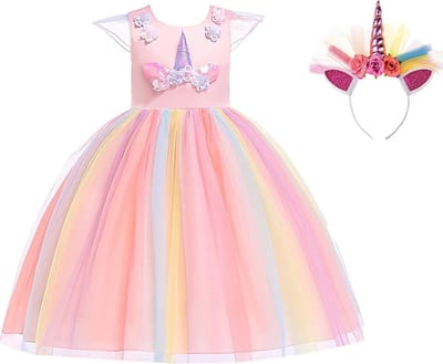 Het Betere Merk Unicorn jurk - Prinsessenjurk meisje - verkleedkleren meisje - maat 122/128 - Eenhoorn - haarband - roze