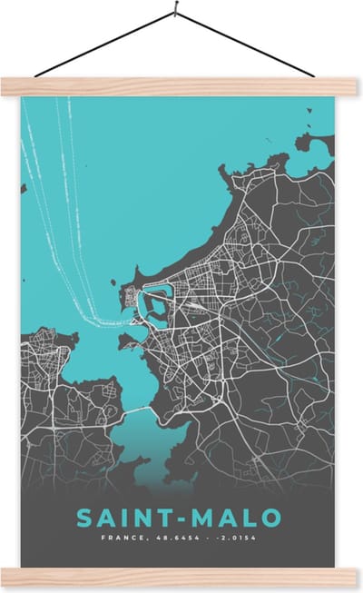 Posterhanger incl. Poster 40x60 cm - Schoolplaat - Saint-Malo - Stadskaart - Plattegrond - Kaart - Frankrijk - Textielposter - Blanke latten - Stadskaart