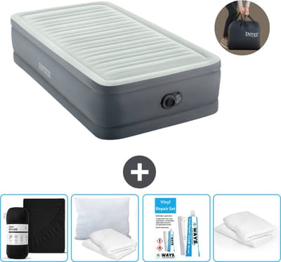 Intex Luchtbed - 1-Persoons - 99 x 191 x 46 cm - Grijs - Inclusief pomp - Hoeslaken - Kussen - Reparatieset en Kussenbeschermer