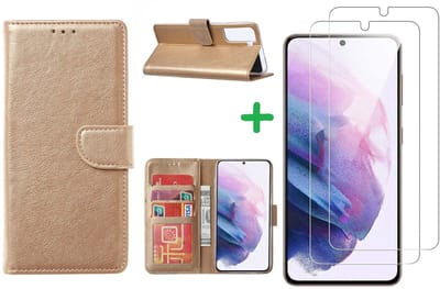 Hoesje Geschikt Voor Samsung Galaxy S21 hoesje bookcase Goud - Hoesje Geschikt Voor Samsung Galaxy s21 hoesje bookcase wallet case portemonnee book case hoes cover hoesjes met 2 stuks Screenprotector