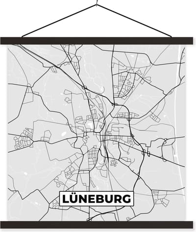 Posterhanger incl. Poster 60x60 cm - Schoolplaat - Duitsland - Stadskaart - Plattegrond - Kaart - Lüneburg - Textielposter - Zwarte latten - Stadskaart