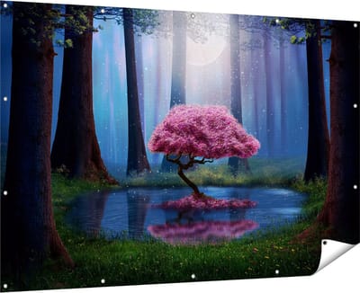 Gards Tuinposter Roze Boom op een Vijver in de Nacht - 180x120 cm - Tuindoek - Tuindecoratie - Wanddecoratie buiten - Tuinschilderij