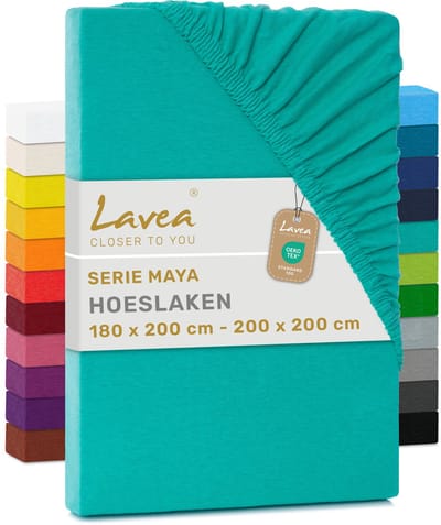 Jersey hoeslaken, hoeslaken, Lavea Maya serie, 180x200cm | 200x200cm, turkoois, 100% katoen, hoogwaardige afwerking, met elastiek