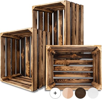 Creative Deco 3 x Gevlamde Houten Doos | 50 x 40 x 30 cm | Vintage Houten Mand Verbrande Stijl | Decoratie DIY Ambachten | voor Documenten Speelgoed Gereedschap