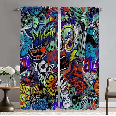 Hip-hop Graffiti Scheidingsgordijnen Keukengordijnen 2 Stuks Verduisterende Gordijnen voor Camera Halloween Decoratie Gordijn voor Kamer 2 Panelen W50xH70cmx2pcs-CL blue