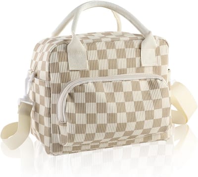 Lunchkoeltas 15L - Kleine Koeltas voor Werk, School en Picknick met 4 Buitencompartimenten en Verstelbare Schouderband (Beige Ruit)