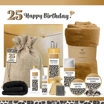 Geschenkset “25 Jaar Happy Birthday!” - 10 producten - 1410 gram | Cadeau Verjaardag - Luxe wellness cadeaubox - Giftset Speciaal voor Haar - Geschenkset Gefeliciteerd - Verjaardag - Cadeaupakket - Gift Set Party - Verjaardagscadeau Goud - Zwart
