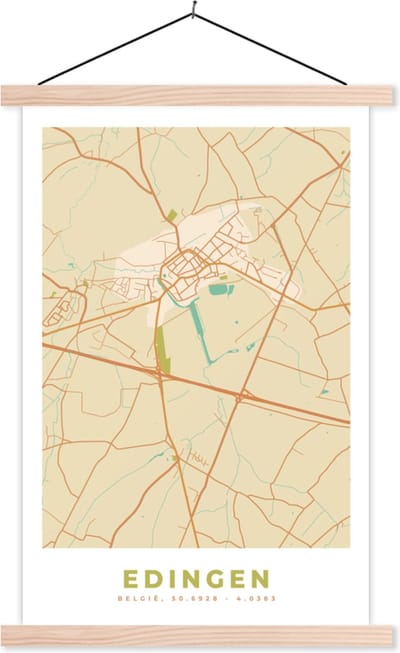 Posterhanger incl. Poster 40x60 cm - Schoolplaat - Kaart - België - Plattegrond - Edingen - Stadskaart - Textielposter - Blanke latten - Stadskaart