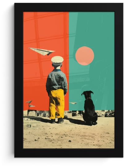 Poster in lijst - Fotolijst 20x30 cm - Posters - Retro - Jongen - Hond - Rood - Groen - Posterlijst zwart - Decoratie - Wanddecoratie woonkamer - Muurdecoratie slaapkamer