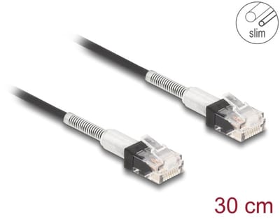 Delock RJ45 Network Cable with double bend protection Cat.6A UTP Slim 0.3 m black