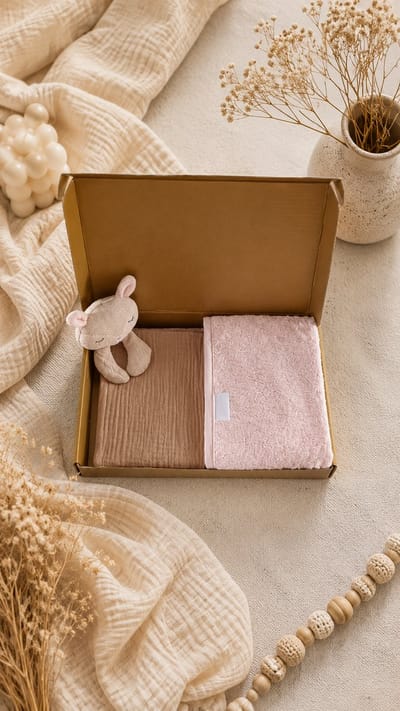 Kraampakket Beige / lichtroze – Hydrofiele Knuffeldoek & Slab 100% Katoen – Baby Cadeauset – babyshower – baby meisje – Gouden Geschenkverpakking – Brievenbus Kraamcadeau