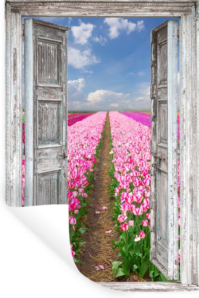 Muurstickers - Sticker Folie - Bloemen - Tulpen - Doorkijk - Regenboog - 20x30 cm - Plakfolie - Muurstickers Kinderkamer - Zelfklevend Behang - Zelfklevend behangpapier - Stickerfolie