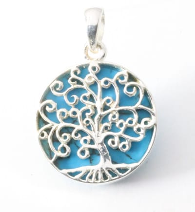Fijne ronde zilveren hanger met levensboom op blauwe turkoois