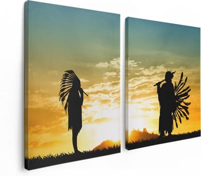 Artaza Canvas Schilderij Tweeluik Twee Silhouetten van Indianen bij Zonsondergang - 120x80 - Foto Op Canvas - Canvas Print