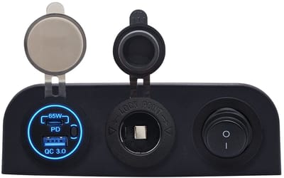 ProRide 12V USB Autolader 2 Poorten - 65W/QC3.0 - Drievoudig opbouw paneel - Sigaretten stopcontact en Schakelaar