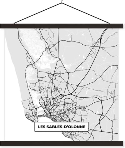Posterhanger incl. Poster 60x60 cm - Schoolplaat - Frankrijk – Les Sables-d'Olonne – Stadskaart – Plattegrond – Kaart - Textielposter - Zwarte latten - Stadskaart