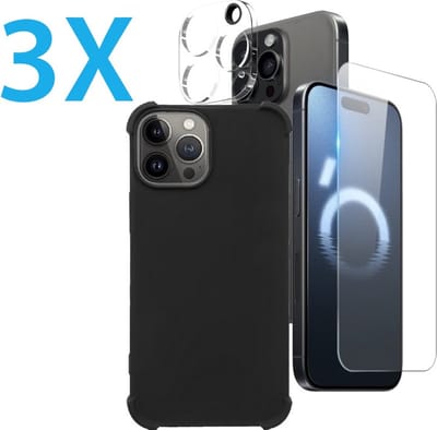 Anti -Shock Silicone hoesje zwart met Screenprotector Glas 3x en Camera lens protector 3x Geschikt voor: iPhone 16 Pro