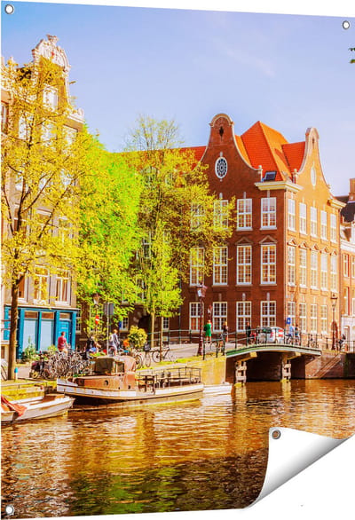 Gards Tuinposter Amsterdamse Gracht tijdens Zonsondergang - 80x100 cm - Tuindoek - Tuindecoratie - Wanddecoratie buiten - Tuinschilderij