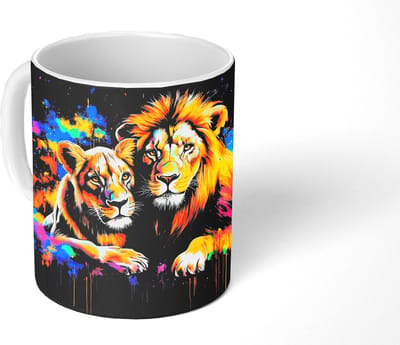 Mok - Koffiemok - Leeuwen - Schilderij - Kleuren - Mokken - 350 ML - Beker - Koffiemokken - Theemok