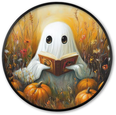 Poster in lijst Rond - Fotolijst 60x60 cm - Posters - Halloween - Spook - Herfst - Pompoen - Bloemen - Natuur - Ronde posterlijst zwart - Decoratie - Wanddecoratie woonkamer - Muurdecoratie slaapkamer