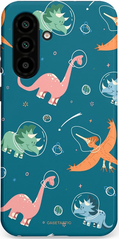 Casetastic hoesje geschikt voor Samsung Galaxy A36 / Samsung Galaxy A56 - Dubbellaagse bescherming - Ruimte raptors - Fashion Case - Petrol Perzik