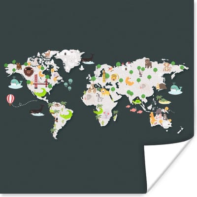 Wereldkaart Kinderen - Illustraties - Kleuren - 30x30 cm - Poster
