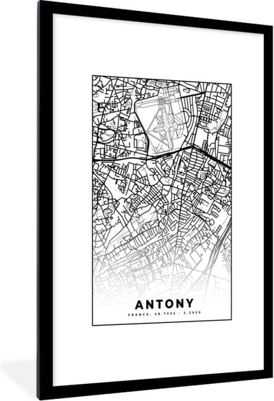 Fotolijst incl. Poster Zwart Wit- Stadskaart - Antony - Frankrijk - Kaart - Plattegrond - Zwart wit - 80x120 cm - Posterlijst