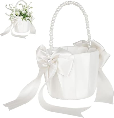 LISM-Tweedelige bruidsbloemenmandenset, bestaande uit een meisjesmandje met satijnen strik en een elegant wit bruidsbloemenmandje, perfect Geschikt voor bruiloften en feesten.