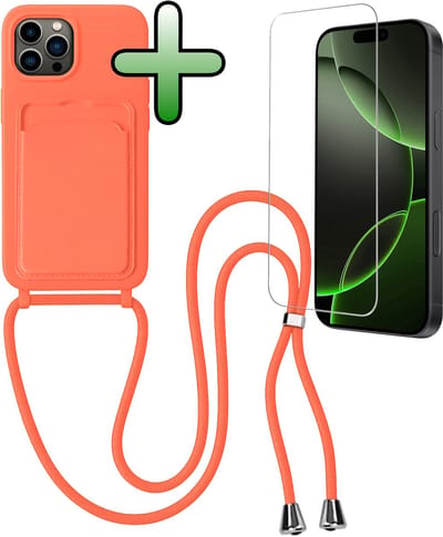Hoes Geschikt voor iPhone 16 Pro Hoesje Pas Houder Case Hoes Met Koord Met Screenprotector - Hoesje Geschikt voor iPhone 16 Pro Hoes Met Telefoonkoord Pasjeshouder Cover - Papaya