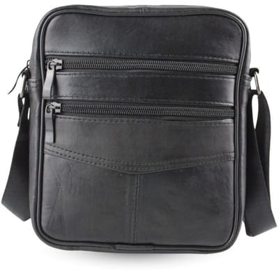 Fana Bags - Kleine Leren schoudertas heren - Platte heren tas - Veel vakken - Crossbody tas heren leder - Nektas heren zwart