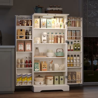 MEUNIQ Keukenkast 60 x 35 x 128 cm met LED-sensorlamp, 2 deuren, 5 niveaus en verstelbare planken, vrijstaande opbergkast voor keuken, woonkamer of hal, wit