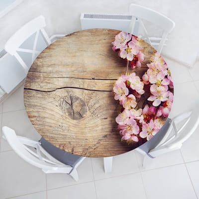ABAKUHAUS Bloem Elastisch Rond Tafelkleed, Lentebloesem op Hout, Allround Elastisch Tafelkleed, 90 cm - 100 cm, Roze