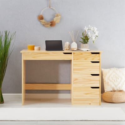 Bureau HUGO van massief grenenhout in naturel met 5 lades