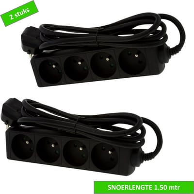 Q-LINK stekkerdoos - 4 voudig - Penaarde - 1.50 mtr kabel - 3.680 watt - Zwart - 2 stuks