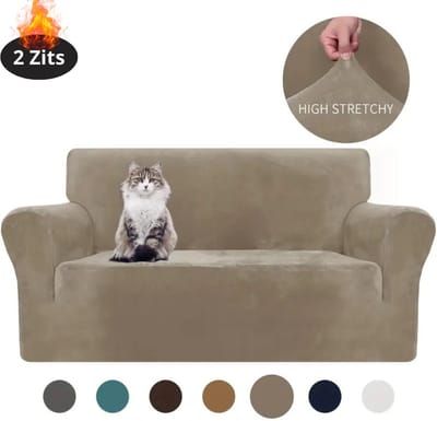 Livano Bankhoes - Bankbeschermer - Stretch - Sofa Cover - Fluweel - Khaki - 2 Zits