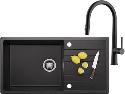 CECIPA MAX Granieten Spoelbak 86x45CM - Spoelbakken Keuken Met Keukenkraan met Uittrekbare Uitloop - Spoelbak Met Planchet en Afdruiprek - Spoelbakken Incl. Sifon en Afvoerzeefje - Zwart