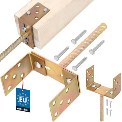 KOTARBAU® U Paalhouder in Beton Storten, Staal, 200 mm, Goud, Verstelbaar 0-160 mm, Paaldrager in Beton Storten, Betonanker voor Houten Palen