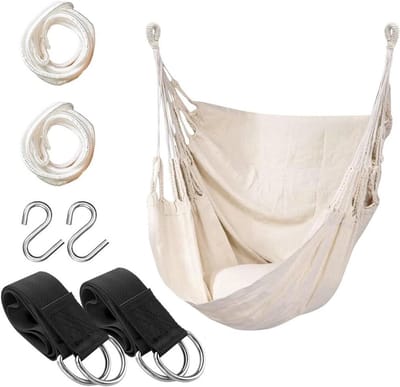 Hanging Rope Rocking Hammock Chair for Indoor Outdoor Use - Max 300lbs Capacity - Beige (Wooden Bar and Cushions NOT Included)
