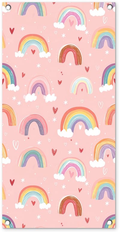 Tuinposter 40x80 cm - Tuindecoratie Regenboog - Patroon - Pastel - Handgetekend - Poster voor in de tuin - Buiten decoratie - Schutting tuinschilderij - Tuindoek muurdecoratie - Wanddecoratie balkondoek