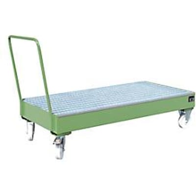 Stalen lekbak met wielen + greep, 1800 x 800 mm, groen RAL 6011