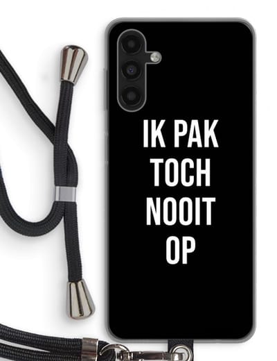 Case Company® - Hoesje met koord geschikt voor Samsung Galaxy A13 5G hoesje met Koord - Ik pak nooit op - Zwart - Telefoonhoesje met Zwart Koord - Bescherming aan alle Kanten en Over de Schermrand