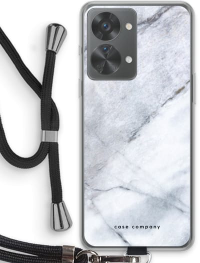 Case Company® - Hoesje met koord geschikt voor OnePlus Nord 2T hoesje met Koord - Witte marmer - Telefoonhoesje met Zwart Koord - Bescherming aan alle Kanten en Over de Schermrand