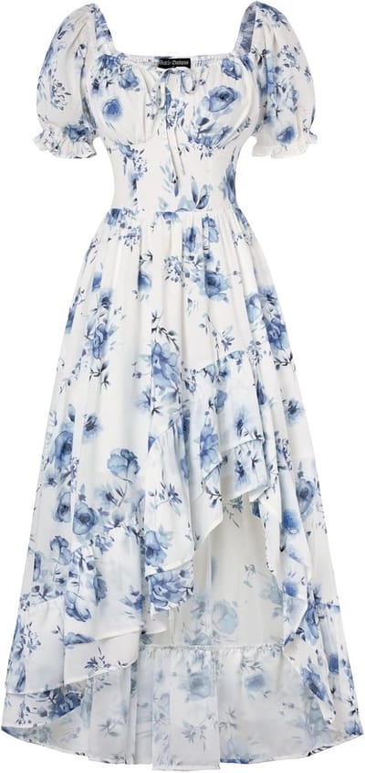Dames Renaissance Midi Jurk Korte Mouw Vierkante Hals A-lijn Met Bloemenprint
